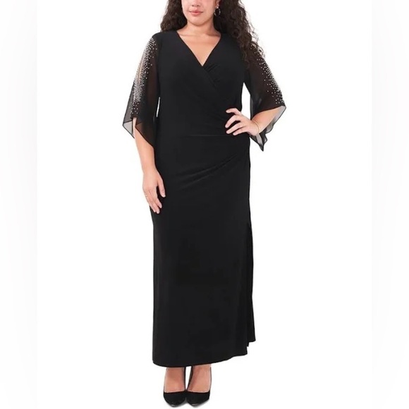 MSK Womens  Beaded Trim Chiffon Sleeve Surplice Maxi Gown, black size S - Picture 3 of 13